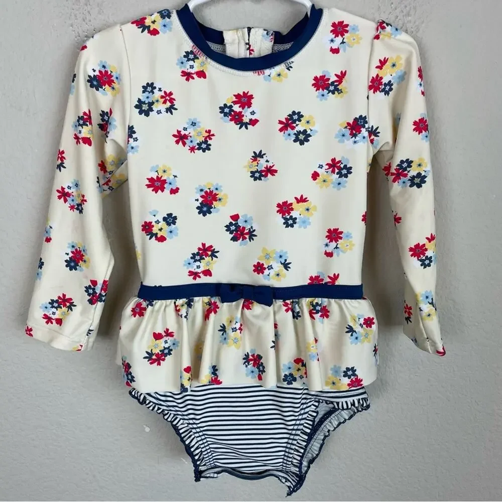 ruffle butts Off White Navy Floral Long Sleeve Swimsuit 3